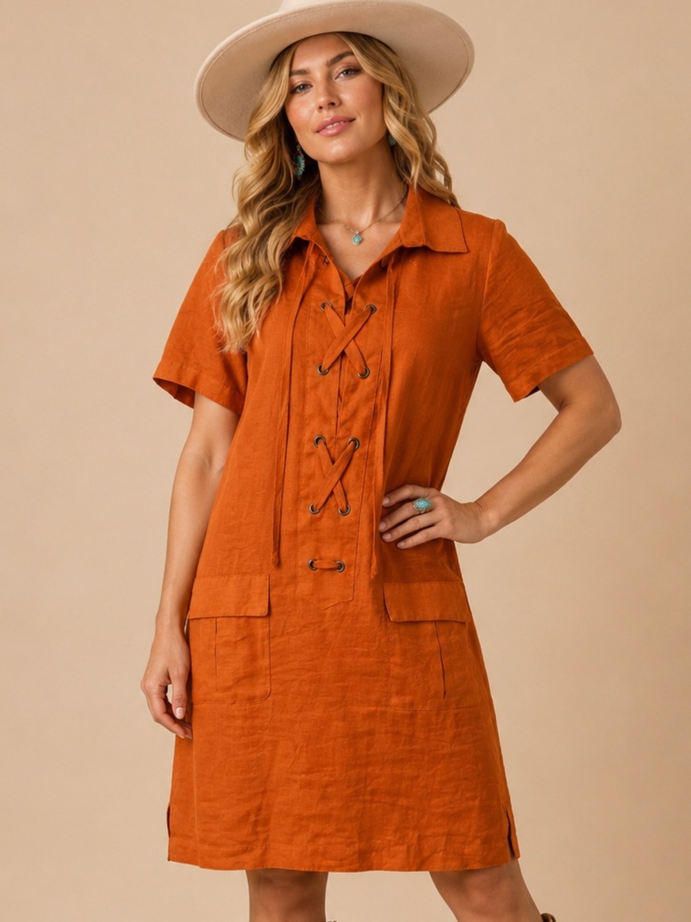 Anthropologie Maeve Rust Orange Lace-Up Short Sleeve Swim Cover-Up Dress